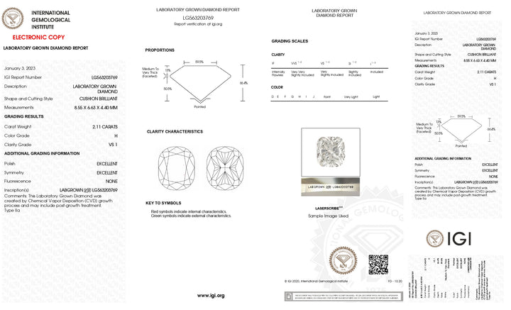 IGI Certified 2.11 Carat Long Cushion Cut Lab-Grown Diamond (H Color, VS1 Clarity)