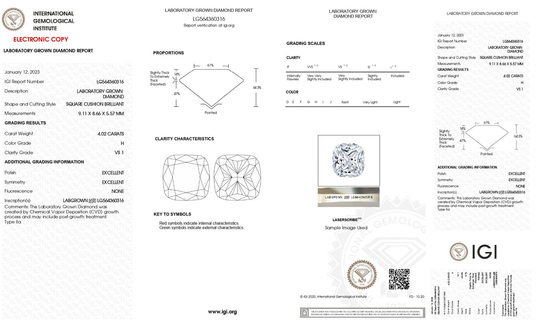 Diamant cultivé en laboratoire certifié IGI 4,02 CT taille coussin - Clarté VS1, couleur H