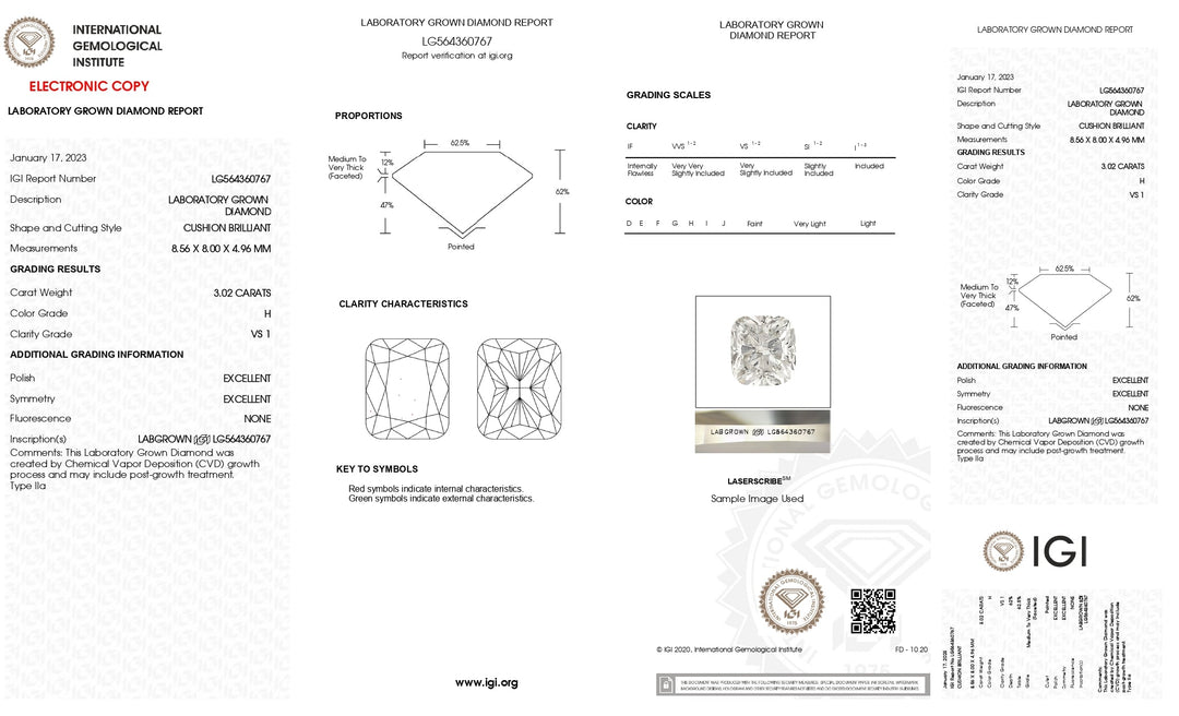 IGI Certified 3.02 Carat Cushion Cut Lab-Grown Diamond, H Color, VS1 Clarity