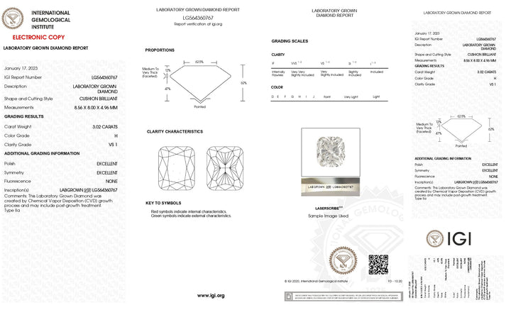 IGI Certified 3.02 Carat Cushion Cut Lab-Grown Diamond, H Color, VS1 Clarity