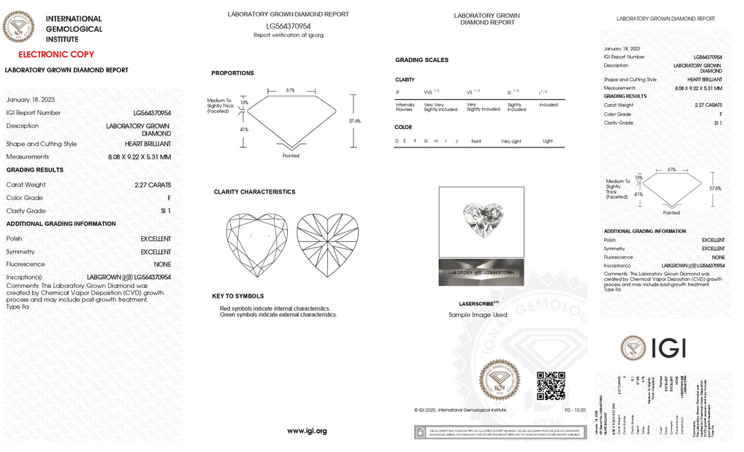 Diamant cultivé en laboratoire de 2,27 ct certifié IGI, taille cœur, couleur F, clarté SI1