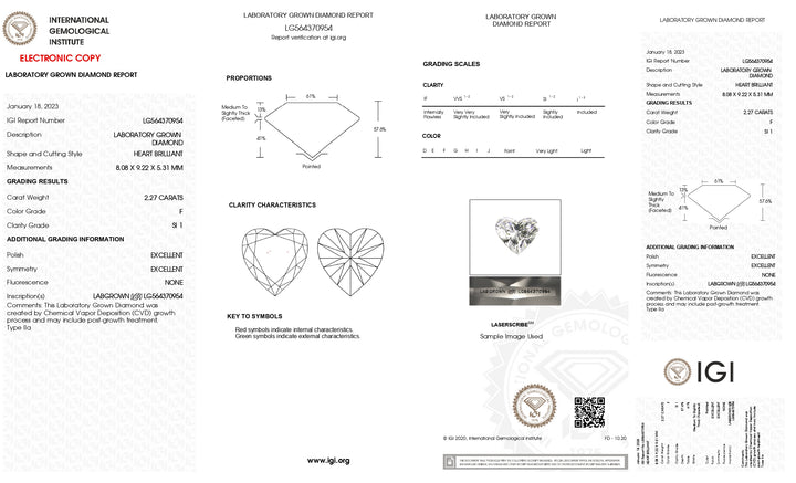 Diamant cultivé en laboratoire de 2,27 ct certifié IGI, taille cœur, couleur F, clarté SI1