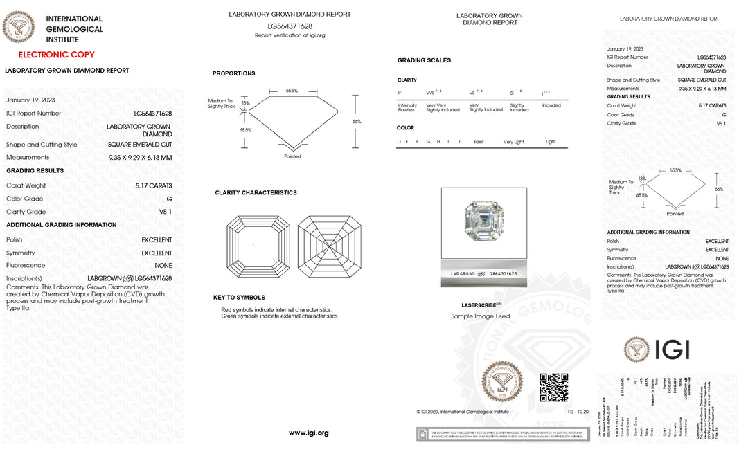 Diamant taille émeraude carré cultivé en laboratoire de 5,17 ct certifié IGI (VS1, couleur G)