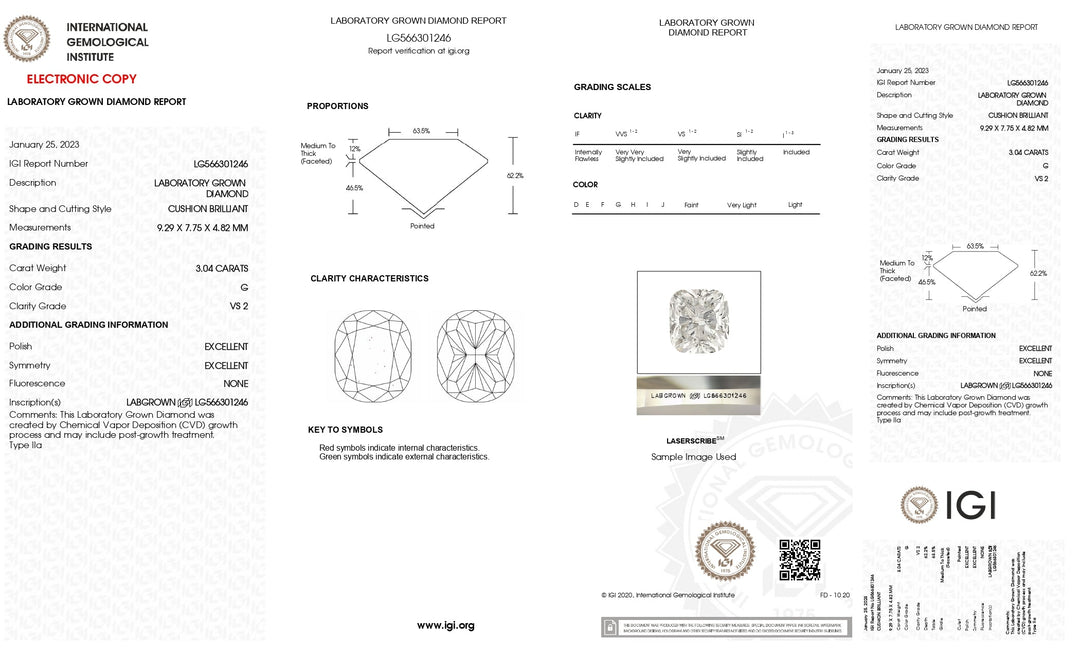 IGI Certified 3.04 CT Long Cushion Cut Lab-Grown Diamond, G Color, VS2 Clarity