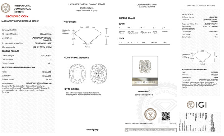 IGI Certified 3.04 CT Long Cushion Cut Lab-Grown Diamond, G Color, VS2 Clarity