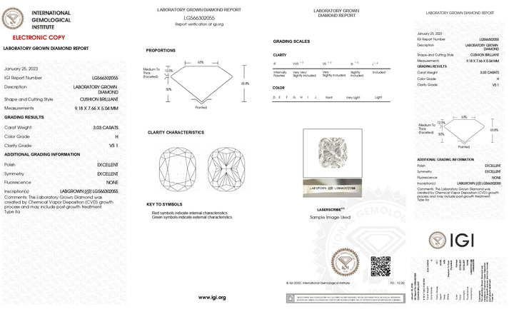 IGI Certified 3.03 CT Long Cushion Cut Lab-Grown Diamond, H Color, VS1 Clarity