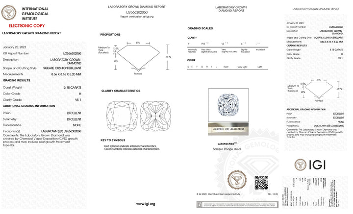 IGI Certified 3.15 CT Cushion Cut Lab-Grown Diamond - H Color, VS1 Clarity