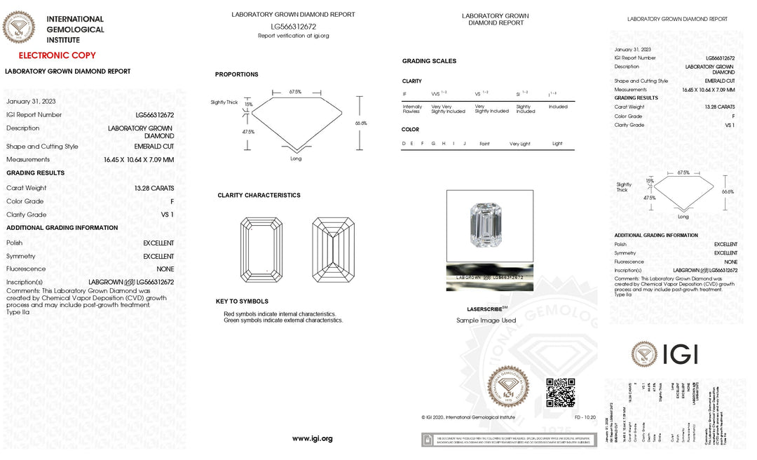 IGI-zertifizierter, im Labor gezüchteter Diamant im Smaragdschliff von 13,28 Karat – Farbe F, Reinheit VS1