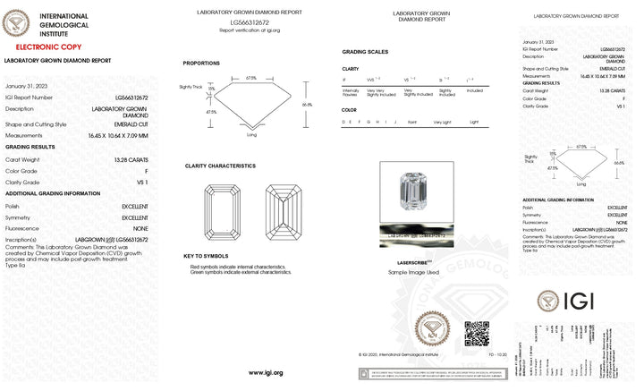 IGI-zertifizierter, im Labor gezüchteter Diamant im Smaragdschliff von 13,28 Karat – Farbe F, Reinheit VS1