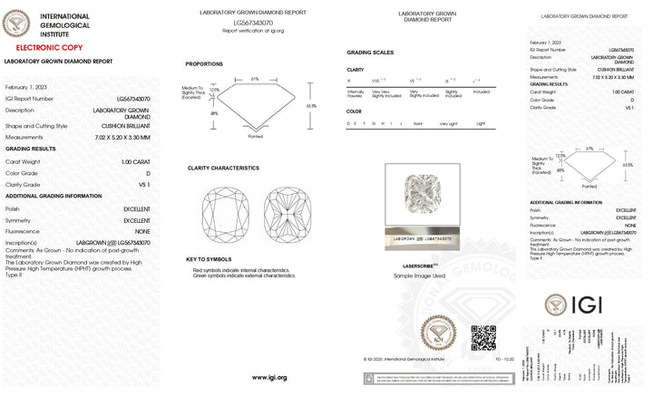 IGI-zertifizierter, im Labor gezüchteter Diamant im Kissenschliff, 1,00 Karat, Farbe D, Reinheit VS1