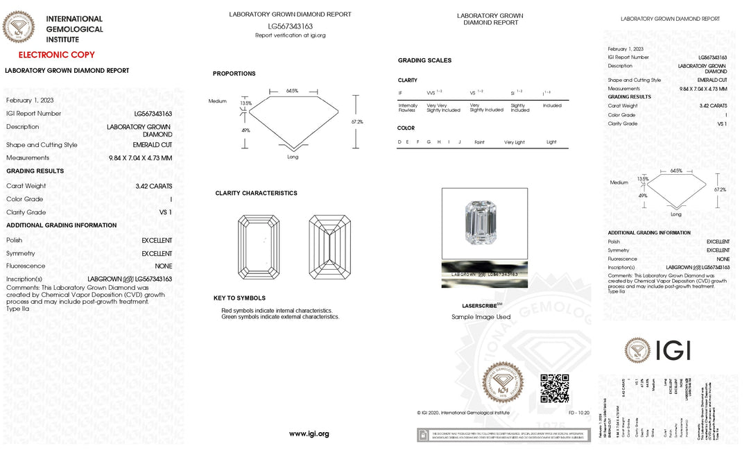 Diamant cultivé en laboratoire certifié IGI 3,42 CT I Color VS1 taille émeraude