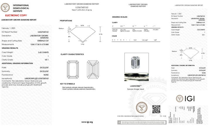 Diamant cultivé en laboratoire certifié IGI 3,42 CT I Color VS1 taille émeraude