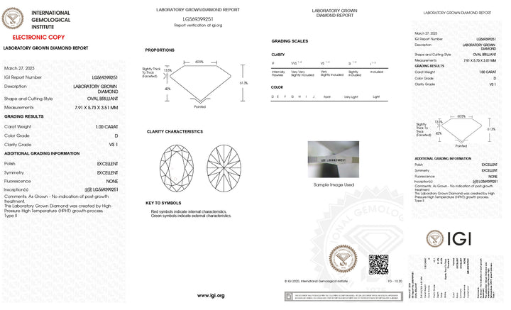 IGI Certified 1.00 CT Oval Cut Lab Grown Diamond | D Color, VS1 Clarity