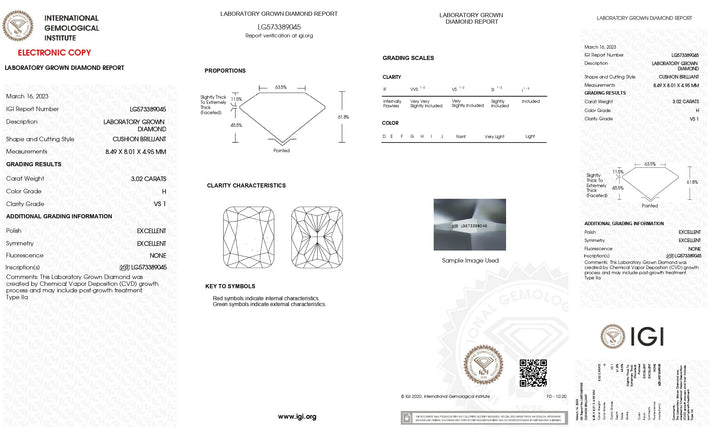 IGI Certified 3.02 Carat Cushion Cut Lab-Grown Diamond, H Color, VS1 Clarity