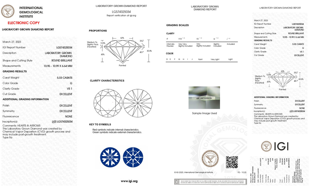 5.03 CT IGI Certified Round Cut Lab-Grown Diamond - G Color, VS1 Clarity