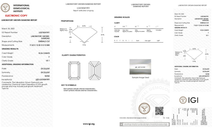 IGI-zertifizierter, im Labor gezüchteter Diamant im Smaragdschliff von 18,26 Karat – Farbe F, Reinheit VS1