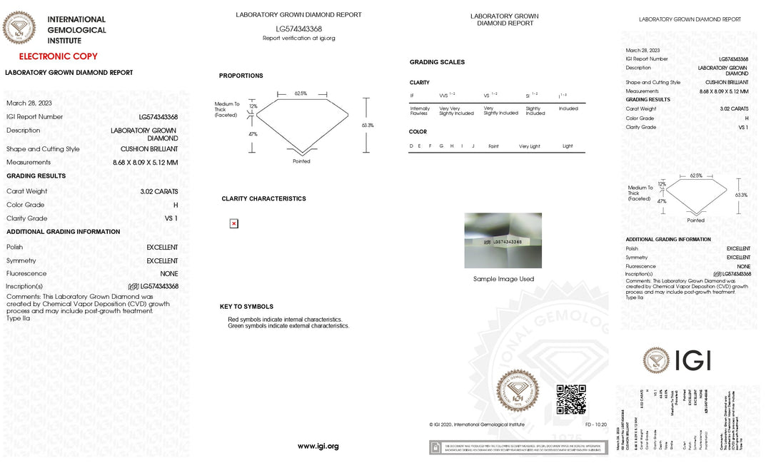 IGI Certified 3.02 Carat Cushion Cut Lab-Grown Diamond, H Color, VS1 Clarity