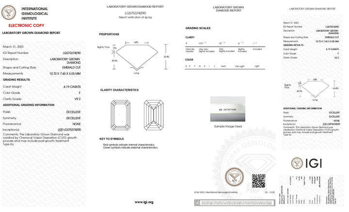 Diamant cultivé en laboratoire certifié IGI 4,19 CT taille émeraude - Clarté VS2, couleur F