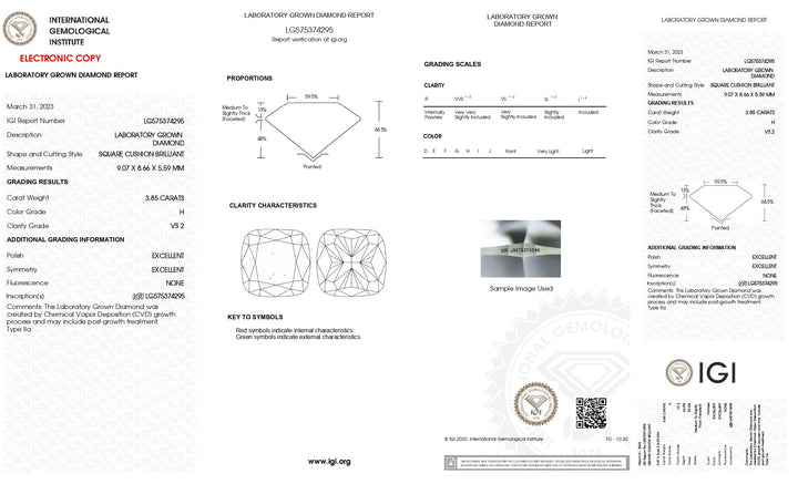 IGI Certified 3.85 CT Cushion Cut Lab-Grown Diamond - VS2 Clarity, H Color