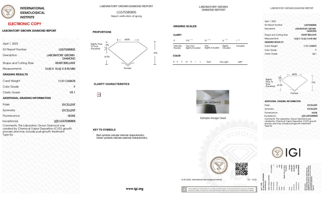 Exquisite 11.01 CT Heart-Cut Lab-Grown Diamond | IGI Certified | VS1 Clarity | F Color