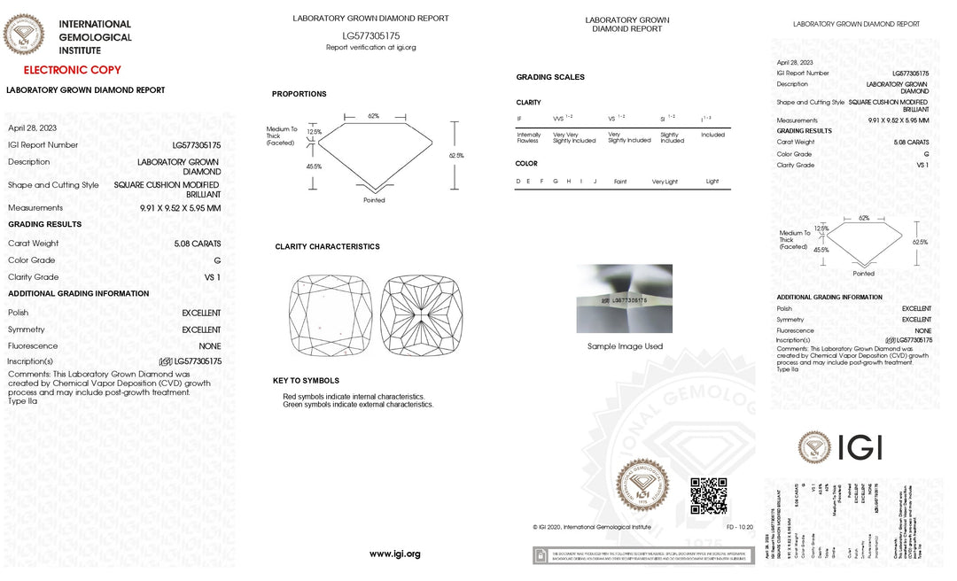 Exquisite 5.08 CT Cushion Cut Lab-Grown Diamond: IGI Certified, VS1 Clarity, G Color