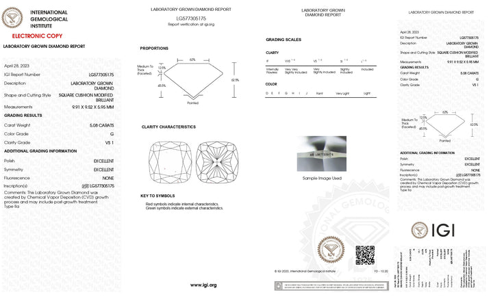 Exquisite 5.08 CT Cushion Cut Lab-Grown Diamond: IGI Certified, VS1 Clarity, G Color