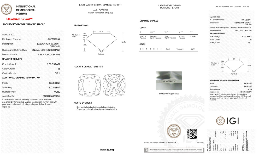 IGI Certified 2.33 Carat Cushion Cut Lab-Grown Diamond - H Color, VS1 Clarity