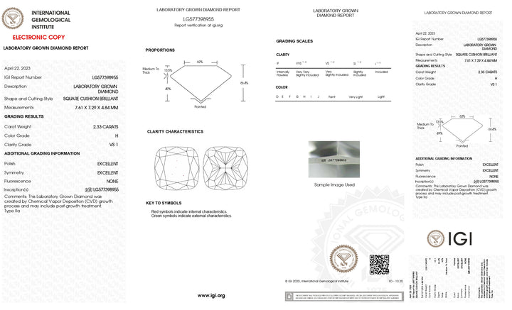 Diamant cultivé en laboratoire de 2,33 carats certifié IGI - Couleur H, pureté VS1