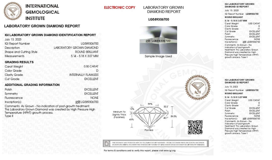 IGI certificeret 0,50 ct rund lab-dyrket diamant | Internt fejlfri (IF) | D farve