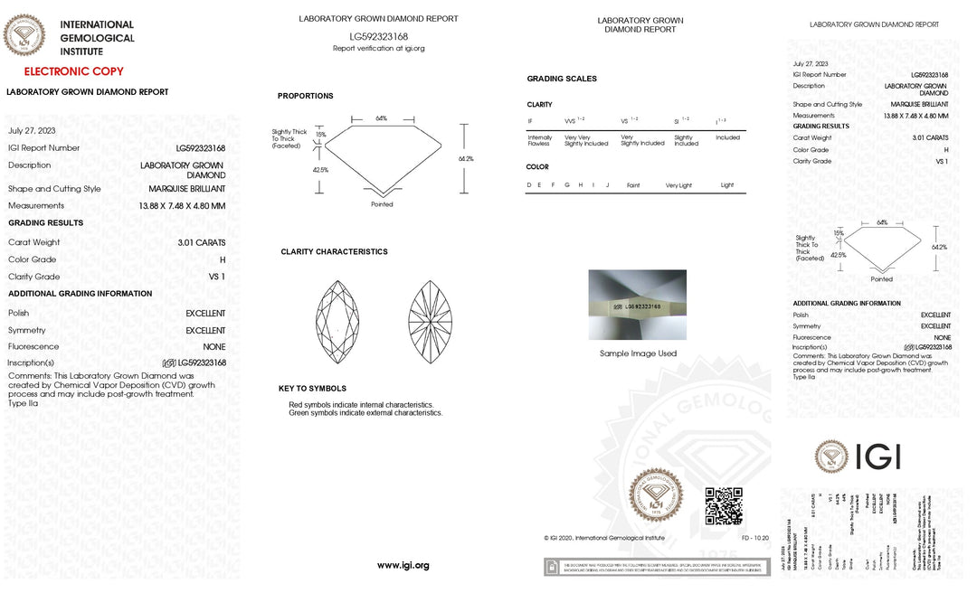 IGI Certified 3.01 CT Marquise Cut Lab-Grown Diamond, H Color, VS1 Clarity