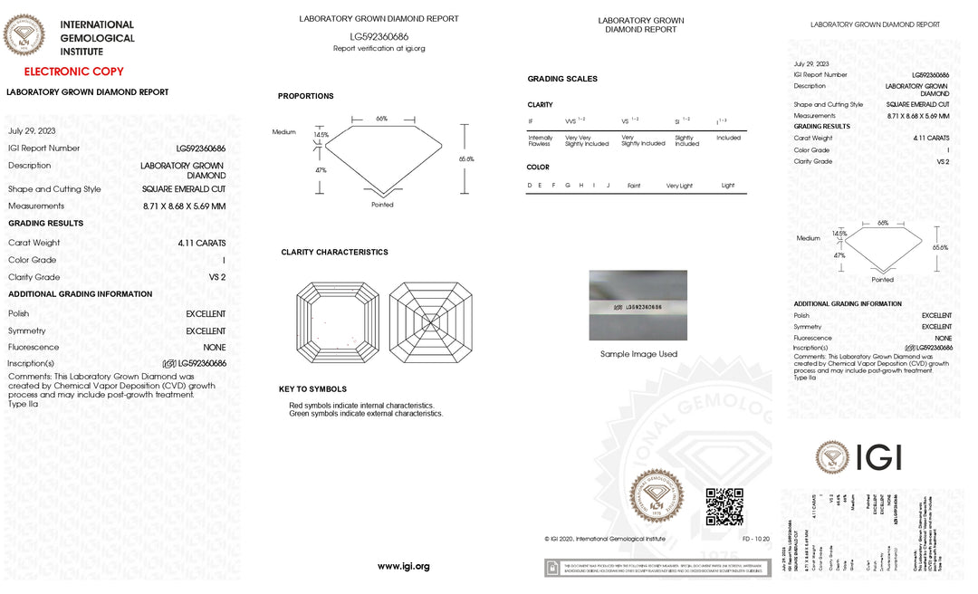 Diamant cultivé en laboratoire, taille émeraude carrée, certifié IGI, 4,11 ct (VS2, couleur I)