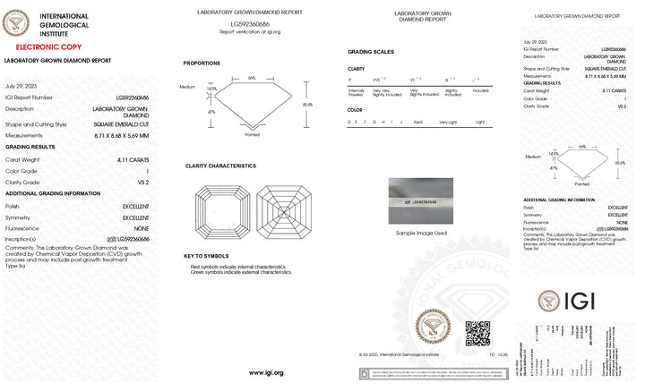 Diamant cultivé en laboratoire, taille émeraude carrée, certifié IGI, 4,11 ct (VS2, couleur I)