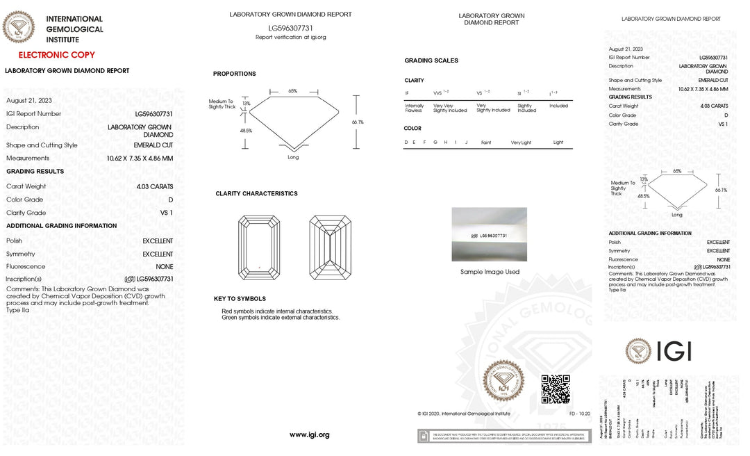 Diamant cultivé en laboratoire taille émeraude certifié IGI 4,03 CT - Couleur D, clarté VS1