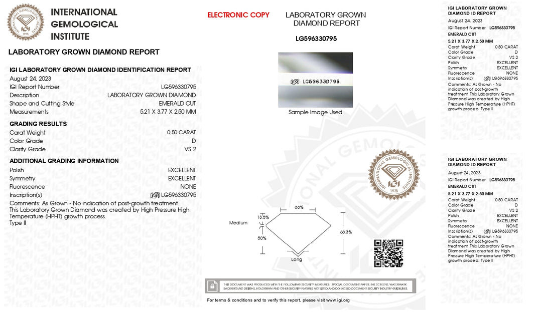 IGI certificeret 0,50 ct smaragdskåret lab dyrket diamant - D farve, VS2 klarhed