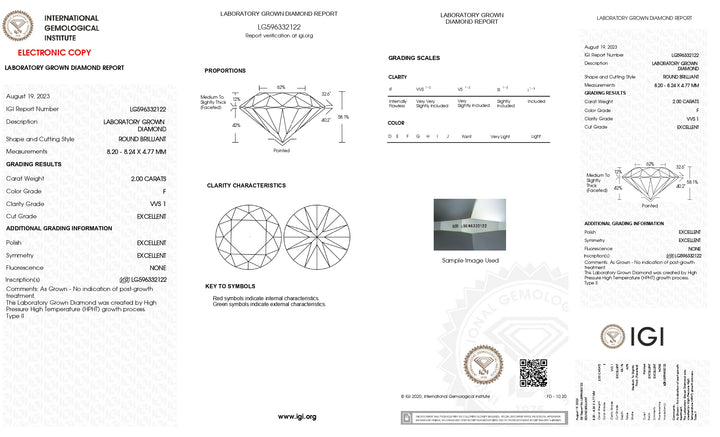 Diamant rond cultivé en laboratoire certifié IGI de 2,00 CT | Superbe couleur F, clarté VVS1.