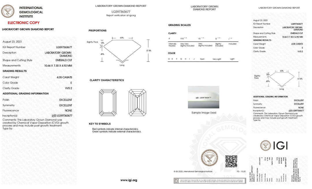 Diamant cultivé en laboratoire certifié IGI 4,05 CT taille émeraude - Clarté VVS2, couleur E