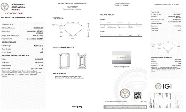 Diamant cultivé en laboratoire certifié IGI 4,01 CT taille émeraude - couleur E, clarté VS2