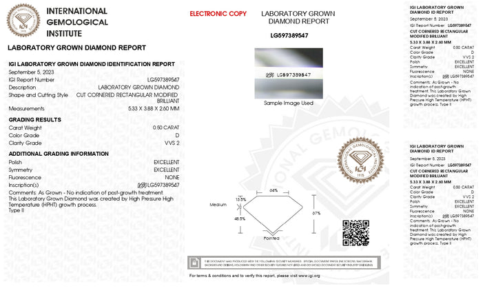 IGI -certificeret 0,50 CT Radiant Cut Lab Grown Diamond - D farve, VVS2 klarhed