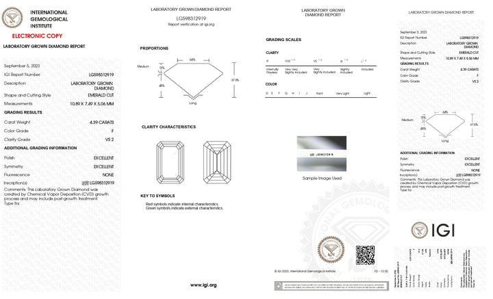 IGI-zertifizierter 4,39 Karat Smaragdschliff-Labordiamant – Reinheit VS2, Farbe F