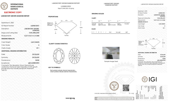 IGI Certified 3.40 CT Oval Cut Lab Grown Diamond | VS1 Clarity | H Color