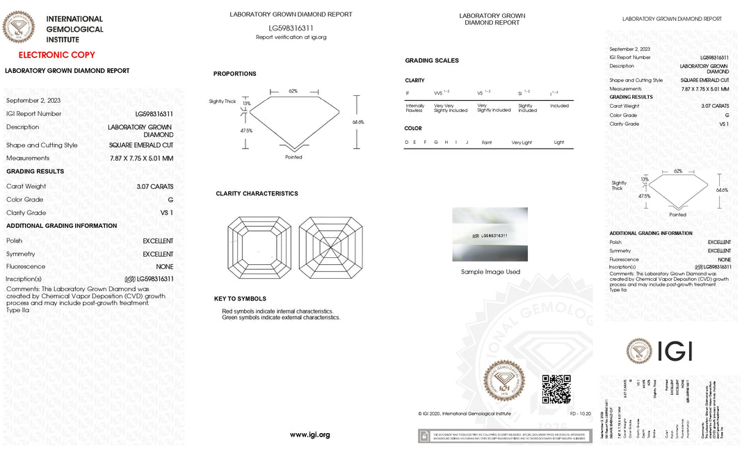 IGI-zertifizierter, im Labor gezüchteter Diamant im quadratischen Smaragdschliff von 3,07 Karat – Farbe G, Reinheit VS1