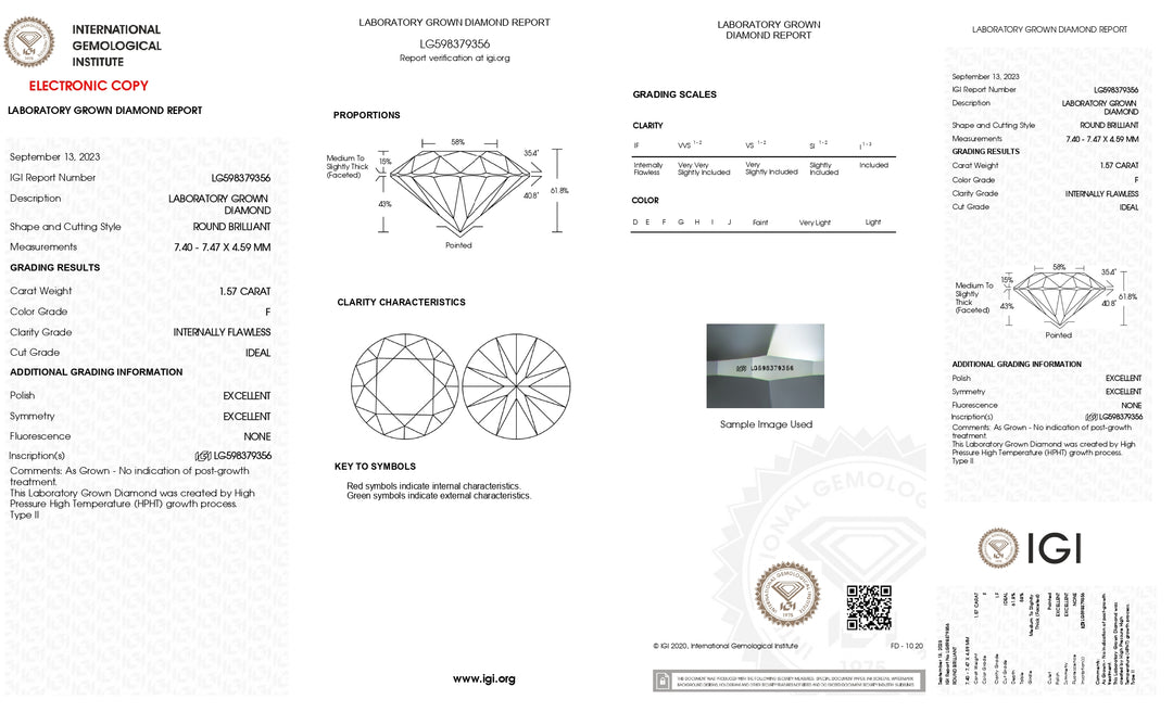 Diamant cultivé en laboratoire de 1,57 carat de taille ronde certifié IGI - Clarté IF, couleur F