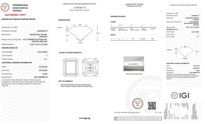 IGI-zertifizierter 2,02 Karat schwerer, im Radiantschliff gefertigter Labordiamant, Farbe F, Reinheit SI1