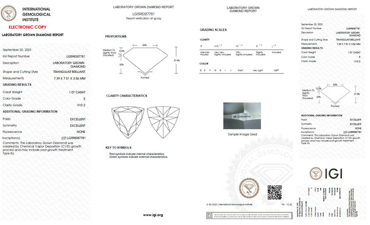 1.07 Carat Triangle Lab Grown Diamond, VVS2/E