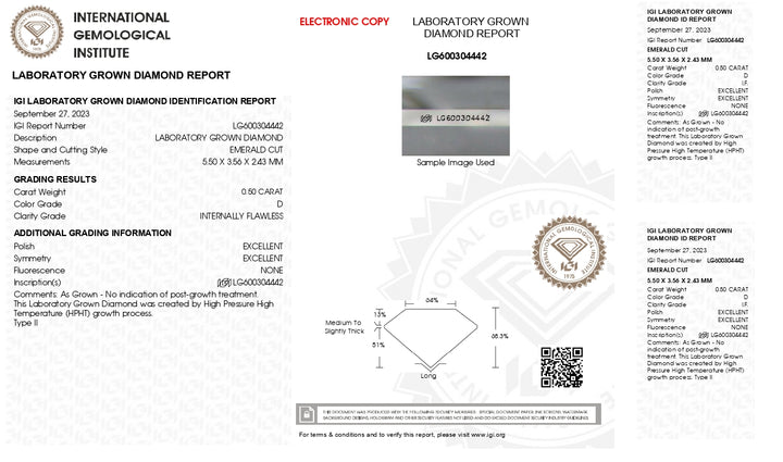 IGI Certifié 0,50 CT Emerald Cut Lab Grown Diamond - D Couleur, sans faille en interne