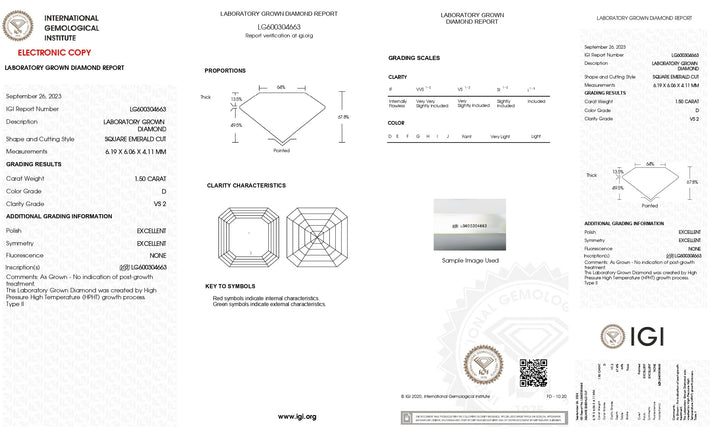 Diamant cultivé en laboratoire de taille émeraude carrée de 1,50 ct certifié IGI - Superbe clarté VS2, couleur D