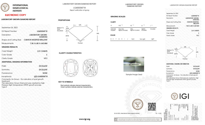 Diamant cultivé en laboratoire certifié IGI 2,01 CT taille coussin - Couleur E, clarté VS2