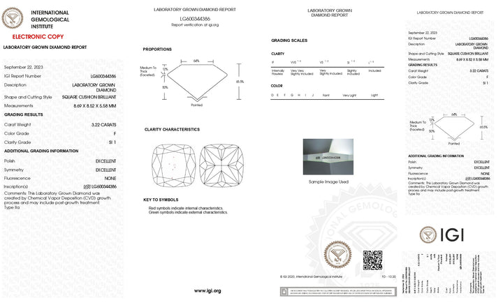 Diamante cultivado en laboratorio de talla brillante con forma de cojín de 3,22 quilates y certificado por IGI: claridad SI1, color F