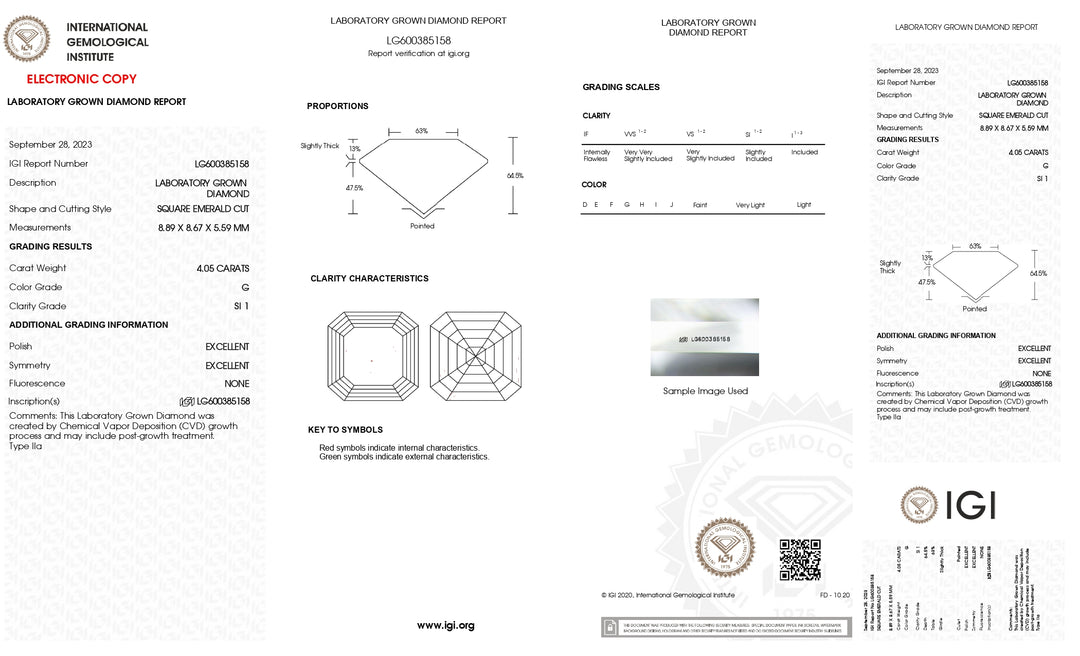 IGI-zertifizierter, im Labor gezüchteter Diamant im quadratischen Smaragdschliff von 4,05 Karat – Farbe G, Reinheit SI1