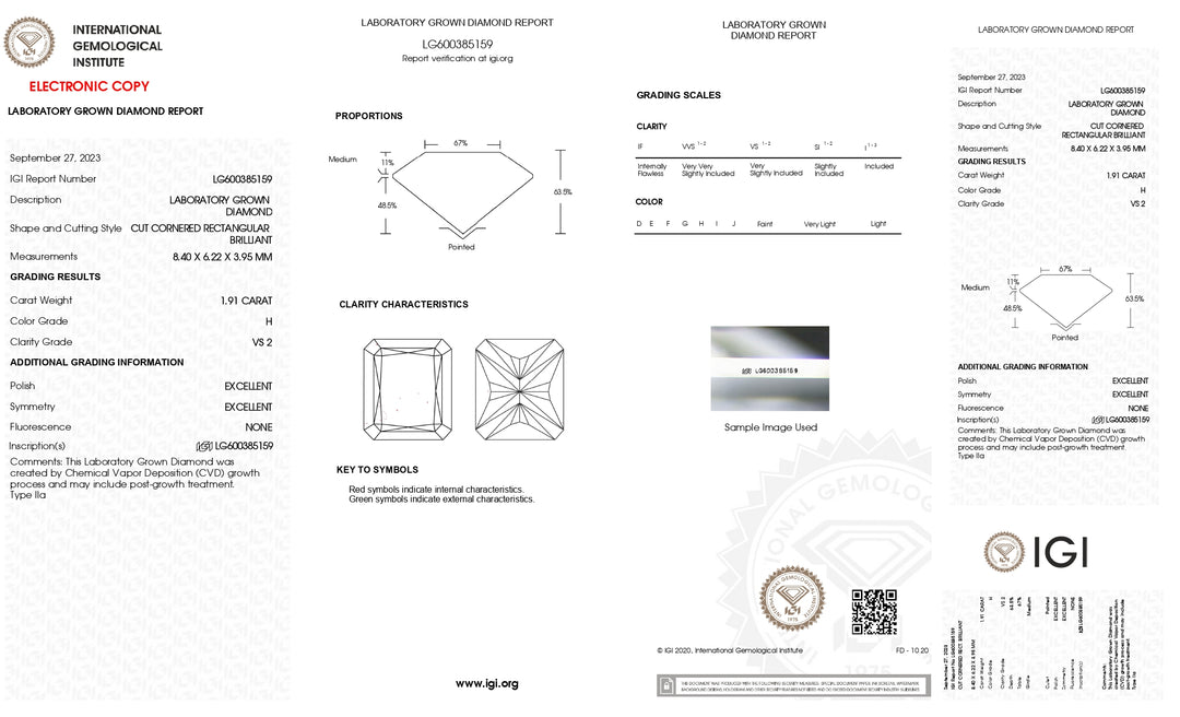 IGI-zertifizierter 1,91-Karat-Labordiamant im Radiantschliff (H-Farbe, VS2-Reinheit)